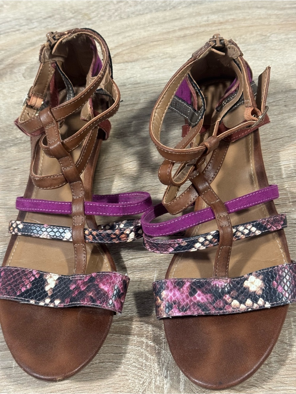 Brown Leather Strappy Sandals with Pink Snake-Print and Purple Accents